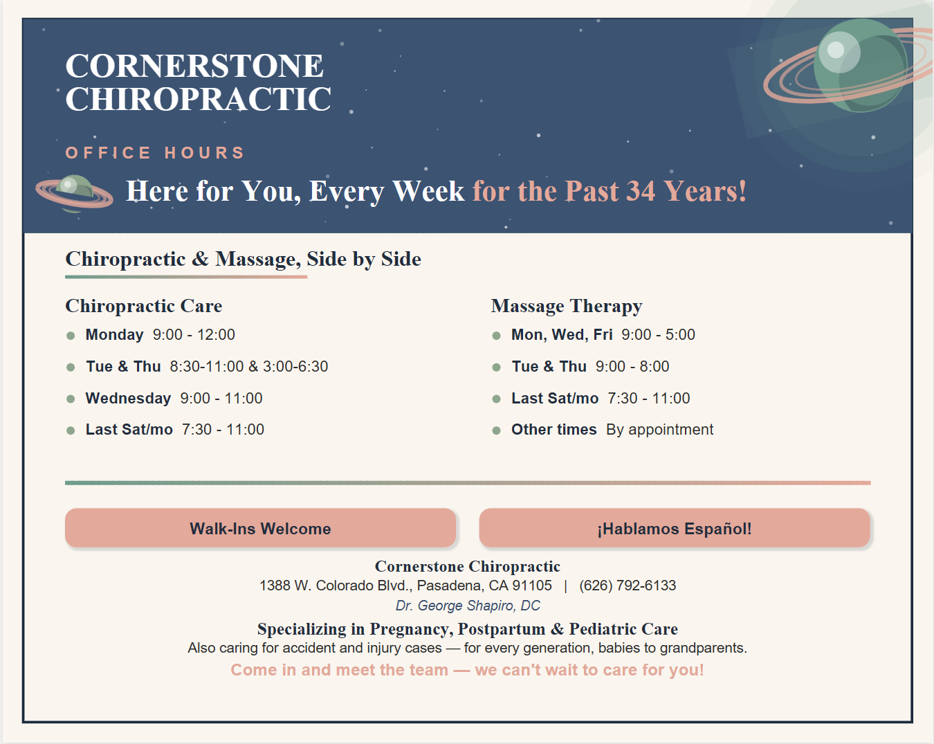 Cornerstone Chiropractic office information and hours